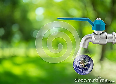 Water drop running from faucet tap Saving aqua reforestation conceptual Stock Photo