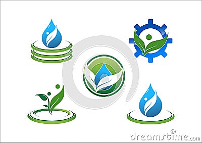 Water drop, water ecology, leaf, circle, connection, people, symbol, gear vector logo Vector Illustration