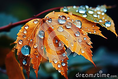 Water droplets on a maple leaf in autumn, close-up generative AI Generative AI Stock Photo