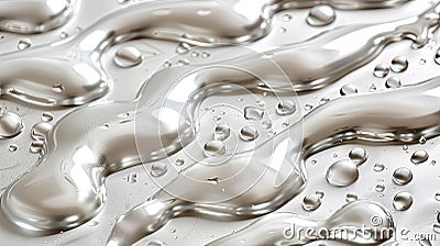 Water droplets on a silver, reflective, undulating surface. Stock Photo