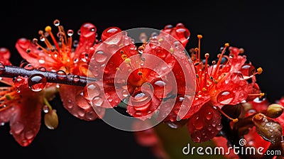 water droplets sparkled in the sunlight as they fell off the branch of red flowers. Generative AI Stock Photo