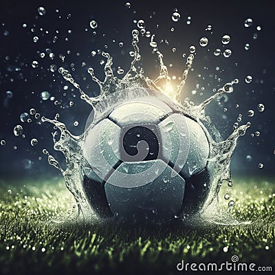 Water drops around soccer ball on grass field background. ai generative Stock Photo