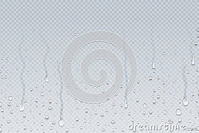 Water drops background. Shower steam condensation drips on transparent glass, rain drops on window. Vector realistic Vector Illustration