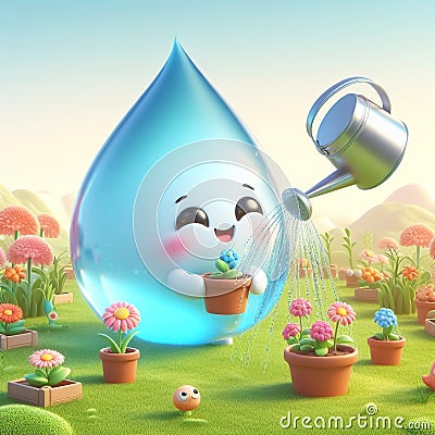 Water drops cartoon watering flowers in the garden. World Environmental Education Day. AI generated Stock Photo