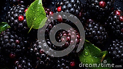 Water Drops on Group of Fresh Blackberries As Defocused Background Close Up Stock Photo