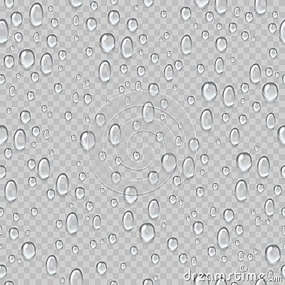 Water drops seamless pattern. Rain droplets on window fogged glass. Fresh drop raindrops. Condensation watering isolated Vector Illustration