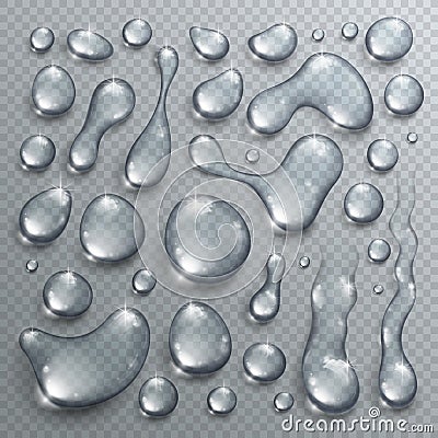 Water drops set vector realistic 3d elements collection, transparent dew condensation drops over transparency checker mesh, ready Vector Illustration