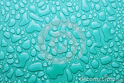 Water drops on soft light aquamarine, mint, turquoise background as freshness ocean texture, pattern with formless and round drops Stock Photo