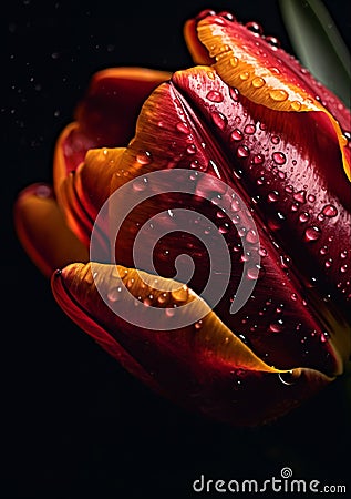 Water drops on tulip on dark background, AI Generated Stock Photo