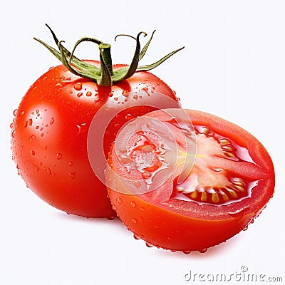 water drops visible on tomato on white background generative AI Stock Photo