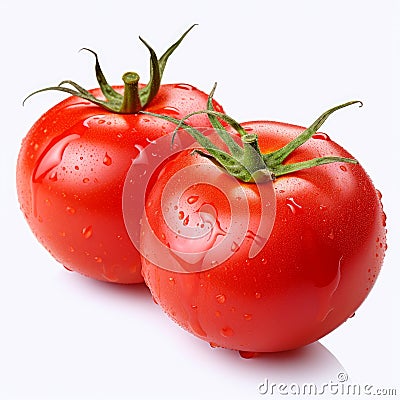 water drops visible on two tomato on white background generative AI Stock Photo