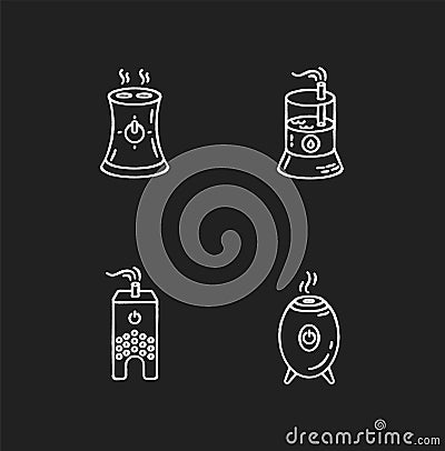 Water evaporators chalk white icons set on black background. Air humidifiers, climate control household appliances Vector Illustration