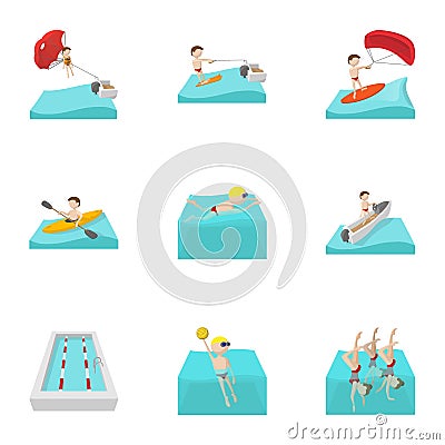 Water exercise icons set, cartoon style Vector Illustration