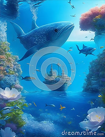 water fantasy world, endless vast ocean, flying fish, floating village illustration Cartoon Illustration