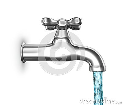 Water faucet with flowing water isolated on white Stock Photo