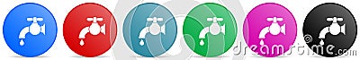 Water faucet, old tap vector icons, set of circle gradient buttons in 6 colors options for webdesign and mobile applications Vector Illustration