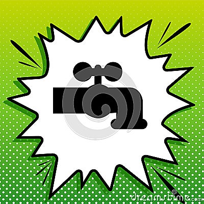 Water faucet sign illustration. Black Icon on white popart Splash at green background with white spots. Illustration Vector Illustration