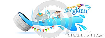 Water Festival of Songkran header banner or poster design. Cartoon Illustration