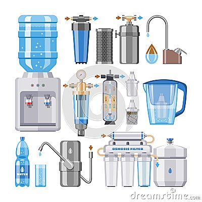 Water filter vector filtering clean drink in bottle and filtered or purified liquid illustration set of mineral Vector Illustration