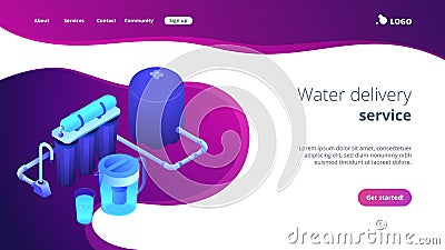 Water filtering system concept isometric 3D landing page. Vector Illustration