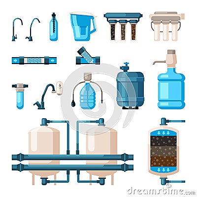 water filters. accessory for cleaning liquids purification processes waste treatment. vector containers in flat style Vector Illustration