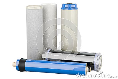 Water filters, carbon filters. Cartridge membrane for water filtration reverse osmosis, 3D rendering Stock Photo