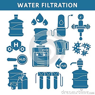 Purification and water filtration system isolated icons, liquid cleaning Vector Illustration