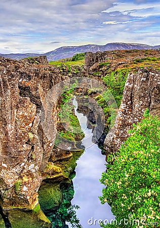 Water in a fissure between tectonic plates in the Thingvellir National Park, Iceland Stock Photo