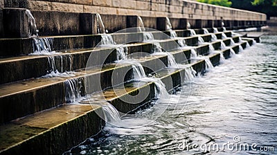 Water flowing down steps of stone wall Stock Photo