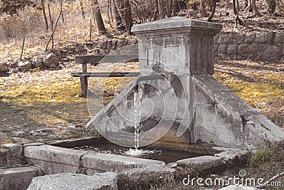 Water flowing from the tap of the stone water source in the park Stock Photo