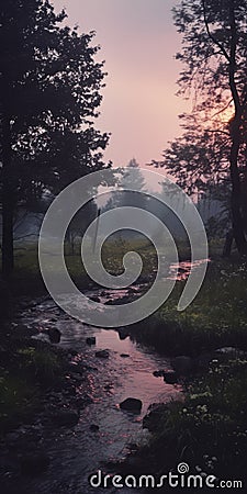 Hazy Romanticism: Rainy Scenery And Photorealistic Evening Glow Stock Photo