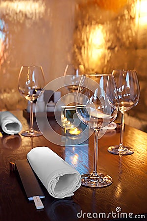 water flows on glass in sushi restaurant Stock Photo