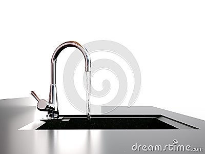 Water flows from the tap to sink Stock Photo