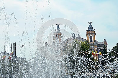 Water fountain at Cluj-Napoca Avram Iancu Square Stock Photo