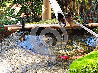 Water fountain, Japanese Garden, Zen Garden, Bamboo Water Fountain Stock Photo