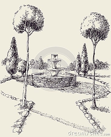 Water fountain in a park hand drawing Vector Illustration