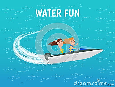 Water Fun Girls Riding Motor Boat Poster Vector Vector Illustration