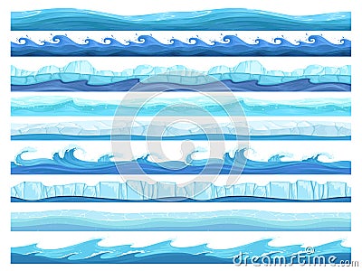 Water game seamless. Ice ocean sea or river layers parallax ready surface vector ui collection for games Vector Illustration