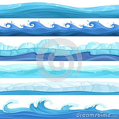 Water game seamless. Surface liquid ocean river waves bubbles underwater vector pattern Vector Illustration