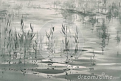 Water grass with reflections in grey watercolor background Stock Photo