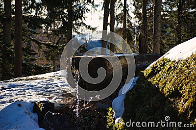 water gushes from a well in the forest, incredible winter fairy image, winter picture, running clear water on the hill Stock Photo