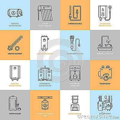 Water heater, boiler, thermostat, electric, gas, solar heaters and other house heating equipment line icons. Thin linear Vector Illustration