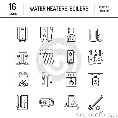 Water heater, boiler, thermostat, electric, gas, solar heaters and other house heating equipment line icons. Thin linear Vector Illustration