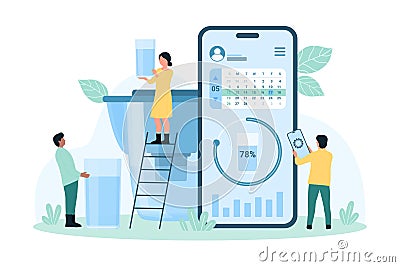 Water hydration health app, tiny people use application with reminder to drink water Vector Illustration