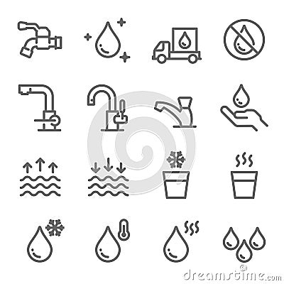 Water Icon Set. Contains such Icons as Tap, Faucet, Hot Water, No Water, Delivery and more. Expanded Stroke Vector Illustration