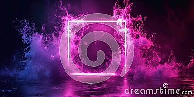 Water Illuminated With Neon Magenta Light Square On Dark Square Frame Stock Photo