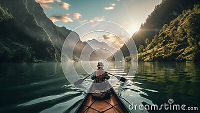 water lake scenic nature boat outdoors landscape person river travel. Generative AI. Stock Photo