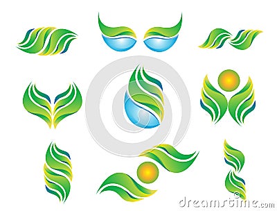 Leaves Water leaf sun symbol icon set logo abstract plant spring natural health ecology vector Vector Illustration