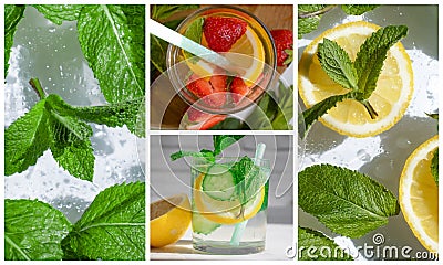 Water with lemon, mint, detox , cool collage fresh Stock Photo