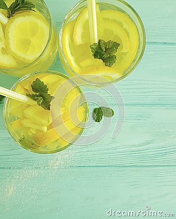 Water soda lemon organic , sugar freshness mint summer on a blue wooden background Stock Photo